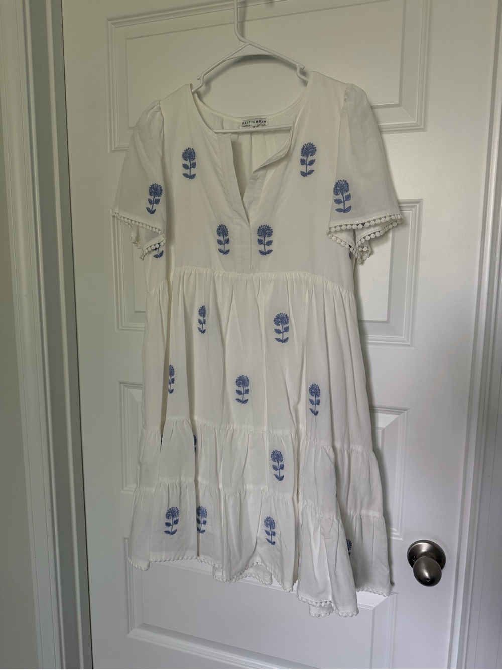 Baltic Born White Tiered Dress with Blue Floral Embroidery